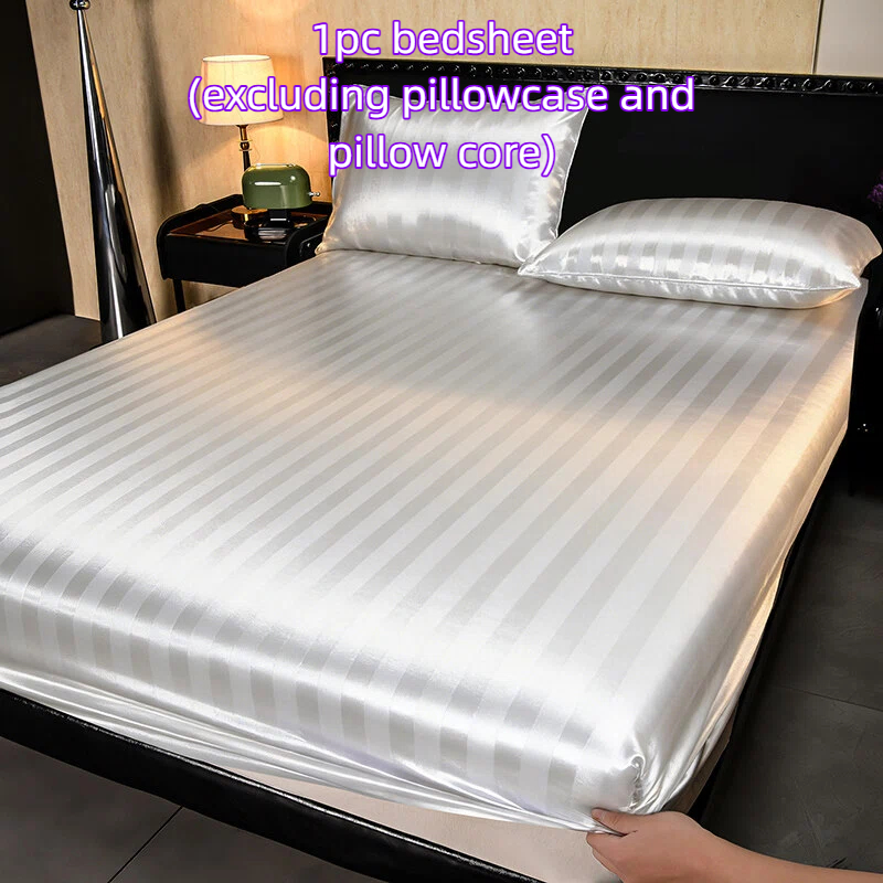 TEMU 1pc Satin Stripe Fitted Sheet, High-quality Mattress Protector. Machine Washable, Soft And Comfortable. Polyester Striped Fitted Sheet, Suitable