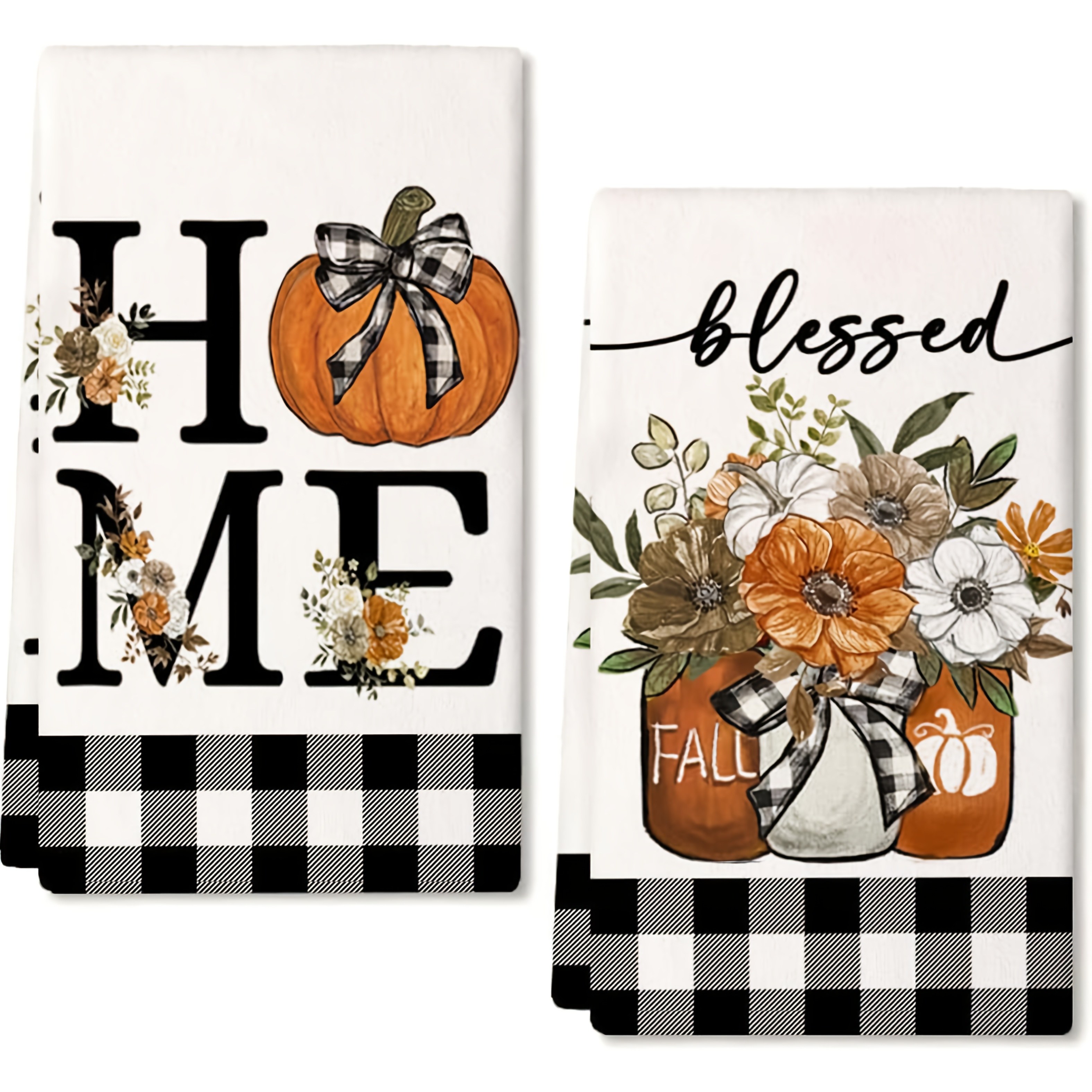 TEMU Cleaning Cloth 2pcs Kitchen Towels 2pcs Autumn Kitchen Towels - Check Pumpkin And Floral Farmhouse Dish Towels With "home" And "blessed" Text,