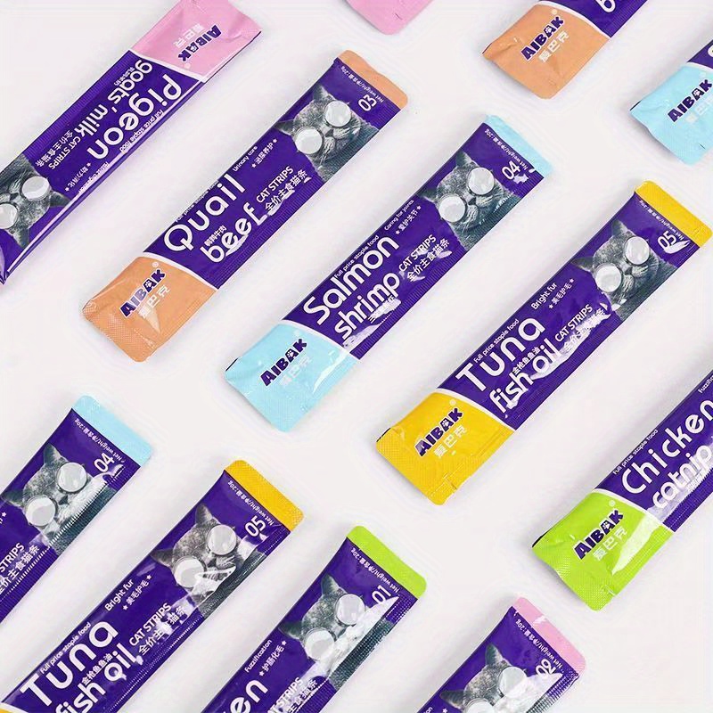 TEMU 100pcs/ Cat Snacks, Cat Fat Nutrition Strips, 20 Cat Strips In Each Of Flavors, Egg Yolk, Salmon+caviar, Cod+caviar, Scallops+beef, +caviar, A Total Of 100 Strips, Weighing 1600g