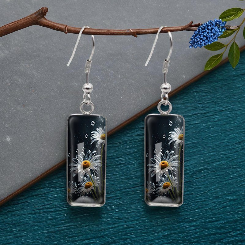TEMU A Pair Of Fashionable Square-shaped Earrings Featuring Daisies , Handcrafted From Glass, Without Battery