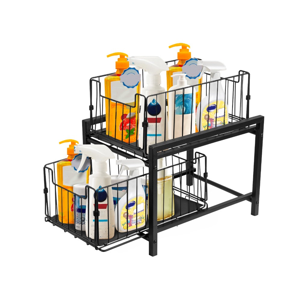 Pull Out Under Sink Organizer, 2 Tier Sliding Cabinet Drawer, Adjustable Kitchen Bathroom Storage Rack, Multi Purpose Cleaning Supplies Organizer, Space Under Cabinet Shelf