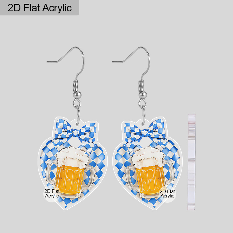 TEMU 2d Flat, Oktoberfest Beer Mug Acrylic Earrings, Blue White Bow Heart Design For Women, Lightweight Everyday And Party Earrings, Prost Cheers