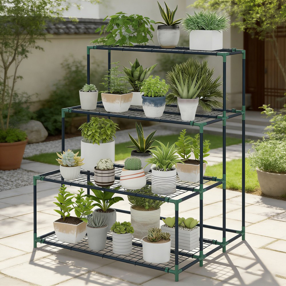 Plant Stand 4-tier 110cm High Flower Rack With 24 Clips, Steel Plant Shelf, Multi-level Flower Shelf Plant Stairs For Garden Balcony Decoration, Dark Green, Standing Shelf, Standing Shelf