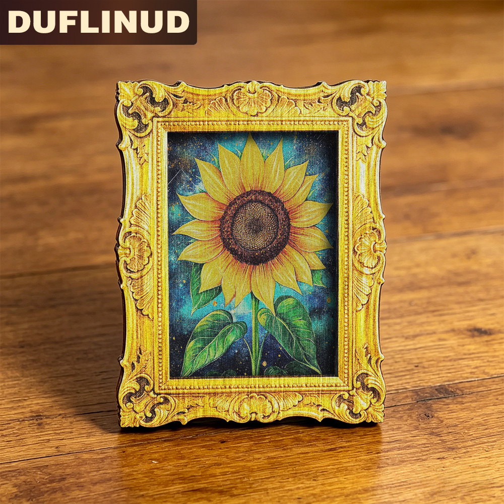 TEMU Sunflower Refrigerator Magnet, Mini, Micro, With Golden Vintage Border Design, Printed With A Bright Sunflower Pattern, Wooden Fridge Magnet,