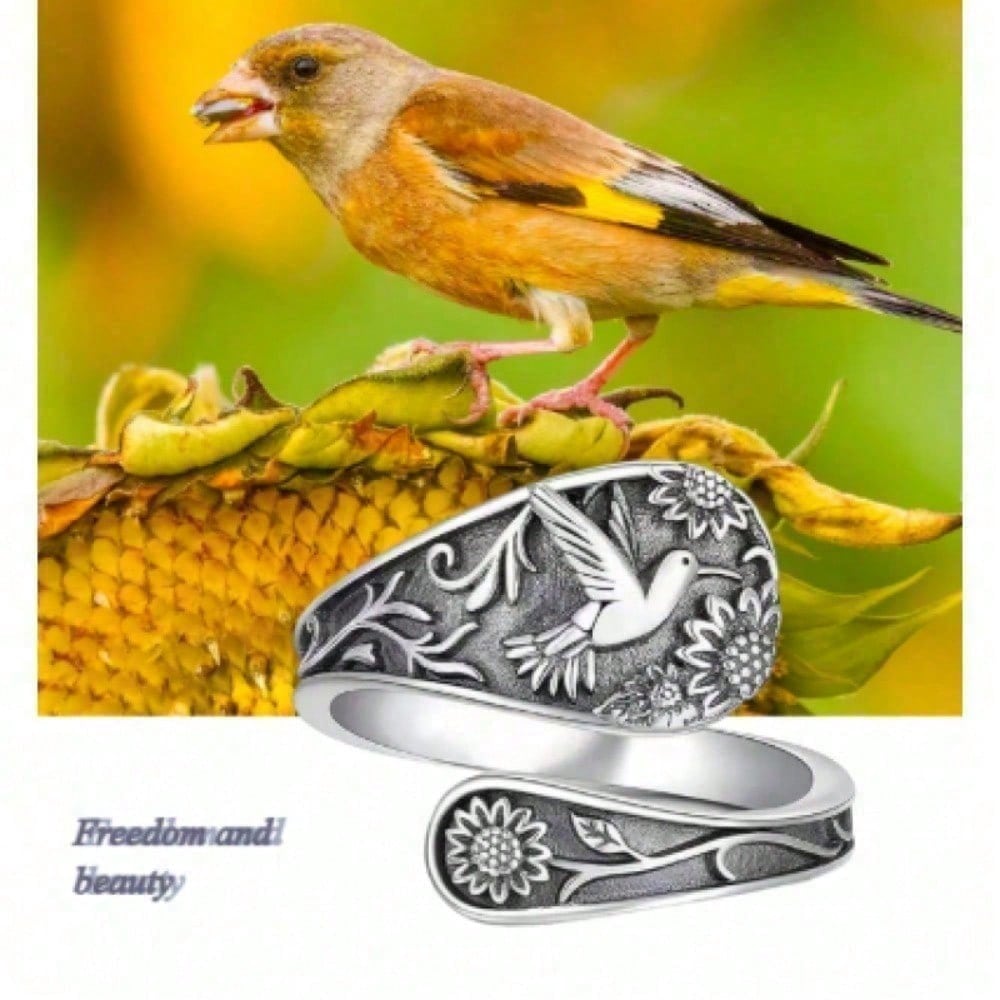 Bohemian Vintage Floral And Bird Adjustable Ring, Unisex Silvery Accessory Jewelry, Fashion Daily Party Gift