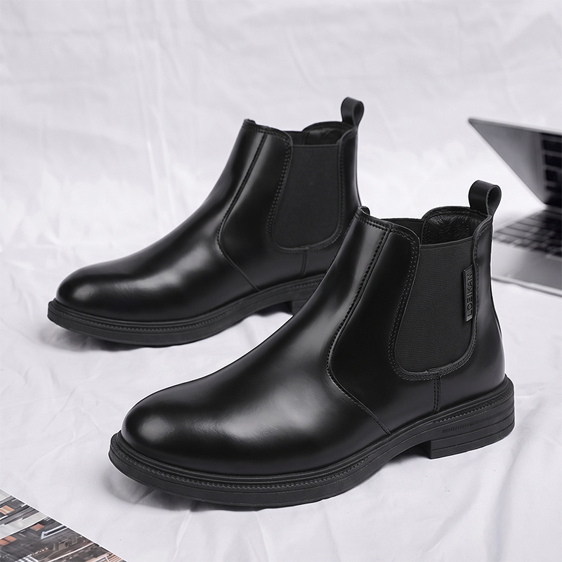 TEMU Loeikan 2026 Autumn/winter Black High-top Men's Boots, Anti-slip Wear-resistant Short Fashion Shoes, Elastic Elasticated Side Design