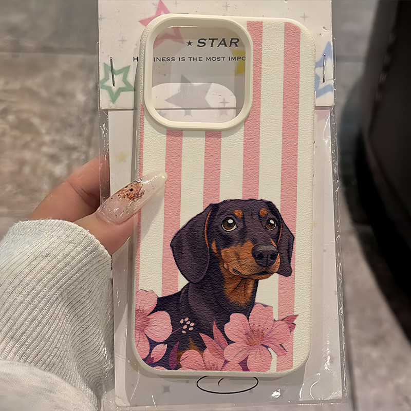 Image of Phone Case - Cute Dachshund Puppy Leather Texture Drop-proof Case, Fits Iphone 11 To 17 Pro Max. Soft Bumper, Large Lens Cutout, Raised Edges, Anti-slip Grip. Great Gift For Family, &
