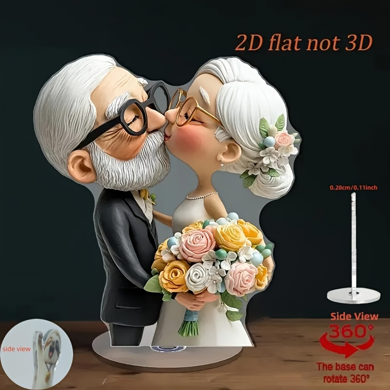 E-shop 2D Flach, 2D Flache Drehbare Acryl-Tischdekoration – Elegantes Paar im Hochzeitsoutfit mit Blumen, Goldenes Jubiläumsgeschenk,