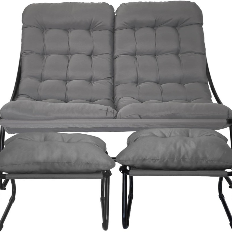 Image of Two-person Leisure Chairs With Matching Footstools, Extra-wide Lounge Chairs Designed For Relaxation, Featuring Cushions That Are 7 Centimeters Thick, In Black And Gray For Terrace Use