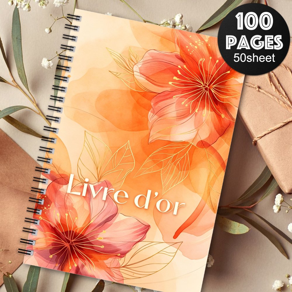 TEMU 1pc 'or français, 'or de fête Aquarelle Orange chaud Rose Floral Ligne Dorée Décor 'or pour Anniversaire Commémoration Réception Souvenir Livre
