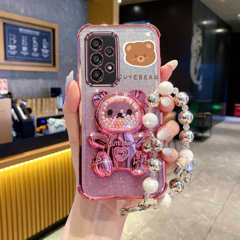 TEMU Phone Case: Cute Bear Pearl Wrist Strap Magnetic Glitter Phone Holder Case On For Galaxy A33 5g Galaxya33 5g Anti-knock Shock Proof Stand Back