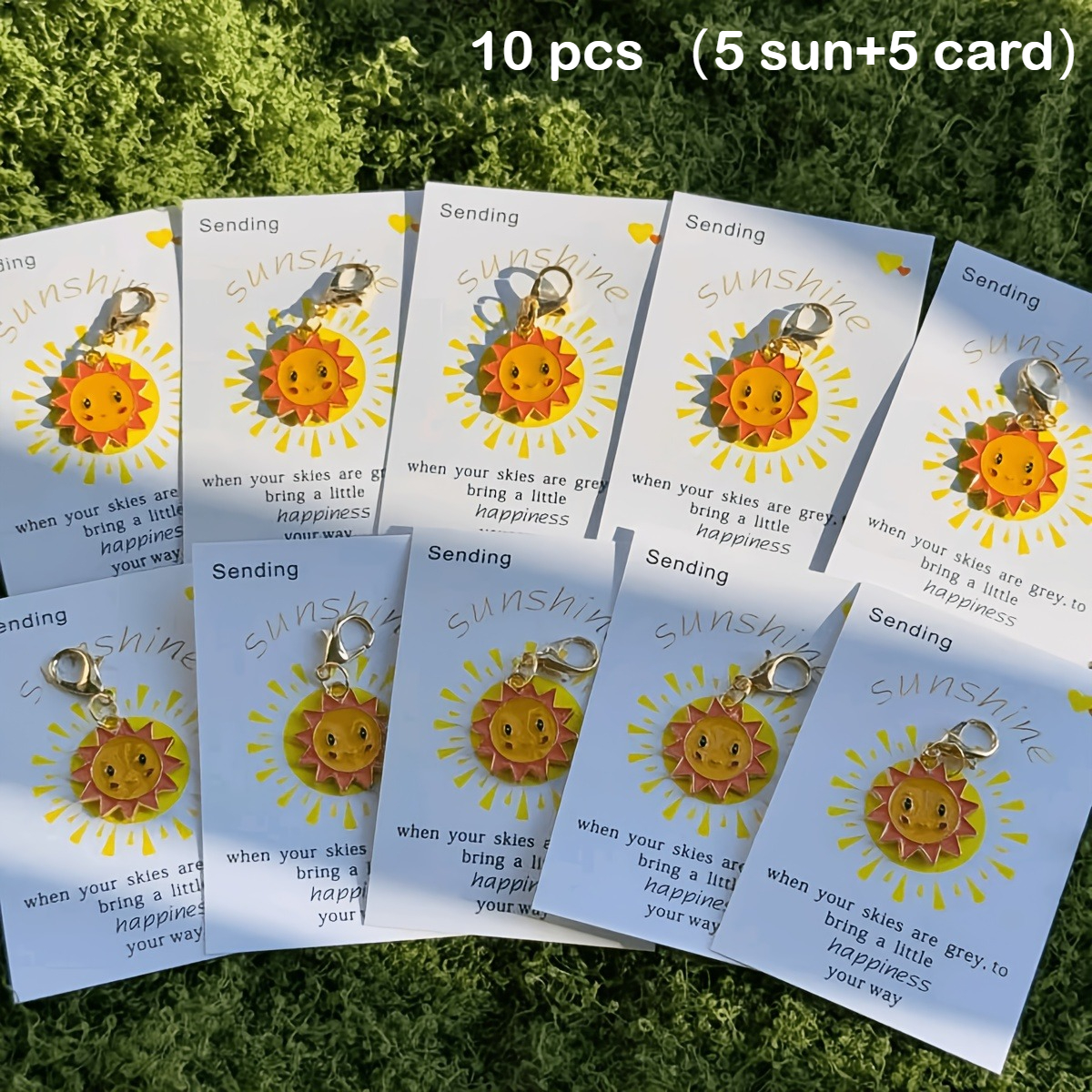 TEMU Gift For Her/him 10pcs 5 Cards + 5 Sun Keychains, Vibrant Sun Keychain, Mini Bag Charm Accessory, Includes Inspirational Sun Greeting Card,