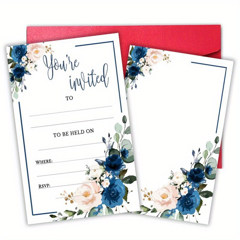 TEMU 20pcs Elegant Floral Wedding Invitations With Envelopes - "" Design, Blue & Peach Flowers, Weddings, Birthdays, And Parties, Party Invitations |