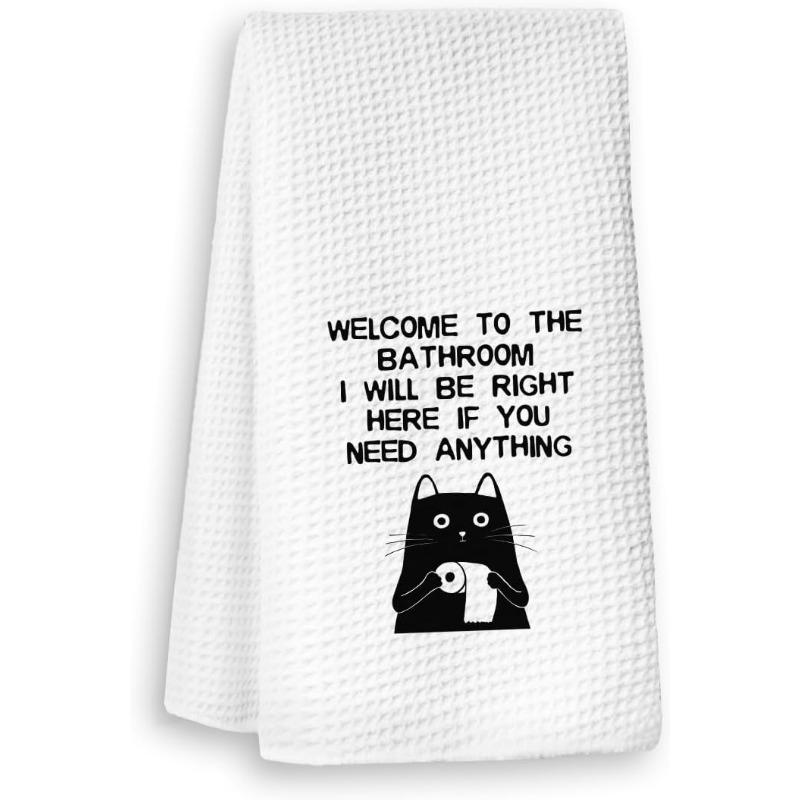 TEMU 1pc, Super Soft Polyester Hand Towel 18x26 Inches, Modern Cartoon Cat Bathroom Decor, Machine Washable, Woven Square Towel With "welcome To The Bathroom" Quote For Home Decor