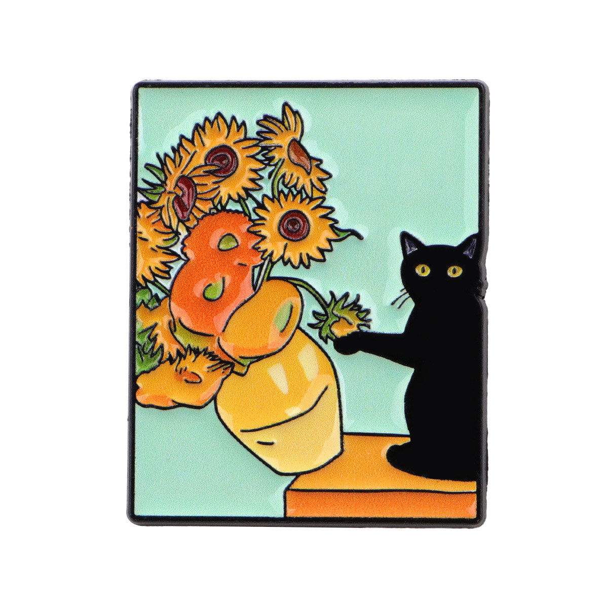 TEMU 1pc Van Gogh Sunflowers Lapel Pin - Black Cat & Sunflowers Enamel Brooch, Cute Cartoon Design, Durable Alloy, Perfect For Backpacks, Clothes,