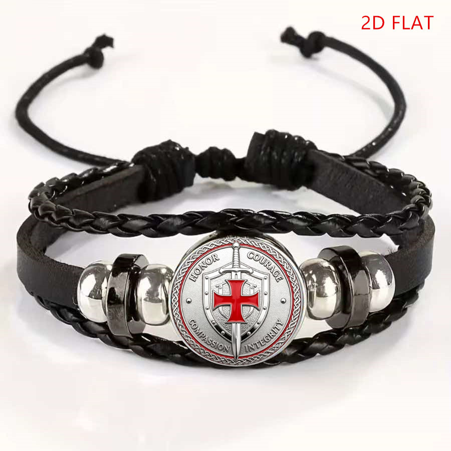 TEMU 1pc 2d Vintage Cross Shield Printed Woven Faux Leather Bracelet, Adjustable Faux Leather Wristband, Stylish Daily Accessory, Suitable For