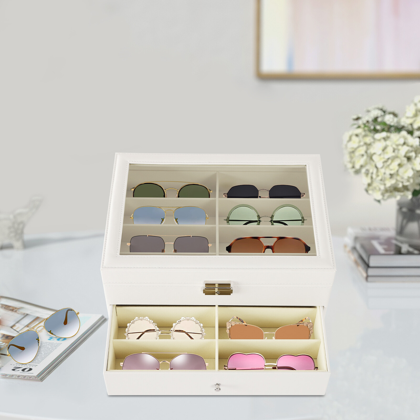 TEMU Boîte de rangement et de présentation à 24 emplacements pour lunettes de mode, lunettes de vue, cadeau, blanche