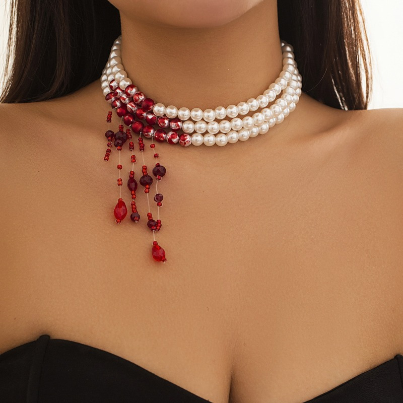 Black Red Pearl Necklace Gothic Beads Collar Choker Togo