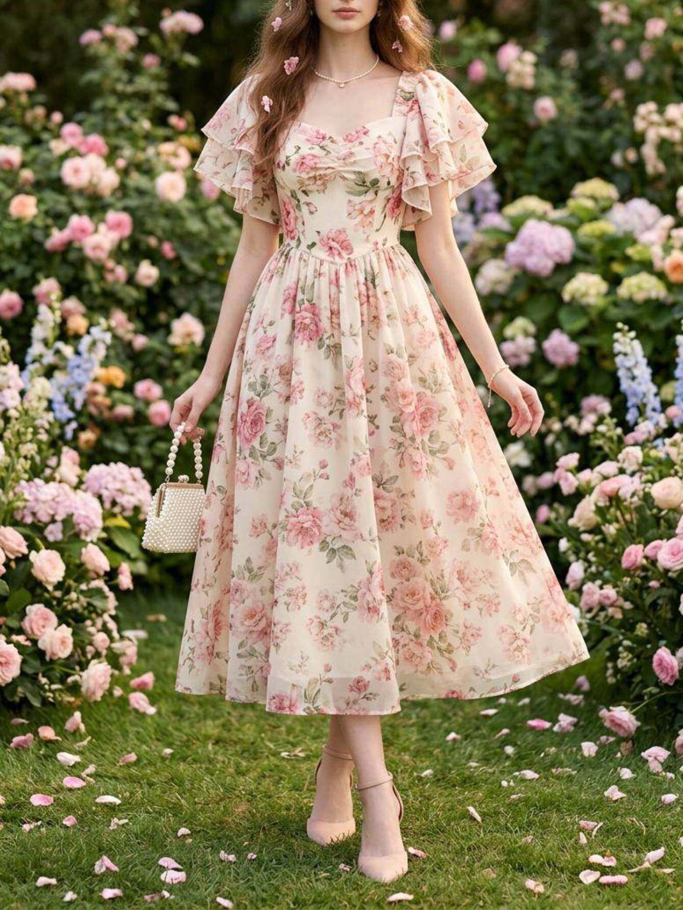 square neck puff sleeve floral fitted flared midi dress womens summer dress gentle romantic and     for spring and summer garden dates vacation trips and semi formal occasion outfits