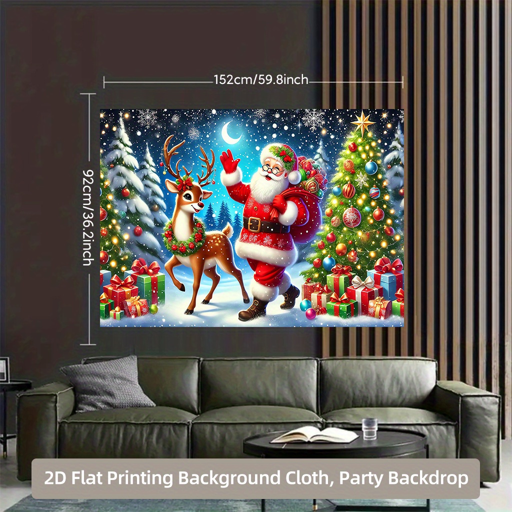 TEMU 2d Flat, 2d Flat Printing Backdrop Banner 1pc, Santa And Reindeer Christmas Background Cloth Banner, Photography Backdrop Versatile Banner For