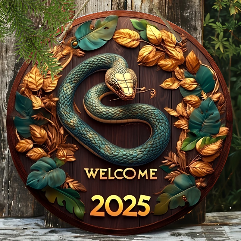 

1pc Style 2025 Snake Welcome Sign - 7.8" Round Manufactured Wood Wall Hanging Decor For Home, Garden, Party - Multipurpose English Language Gift