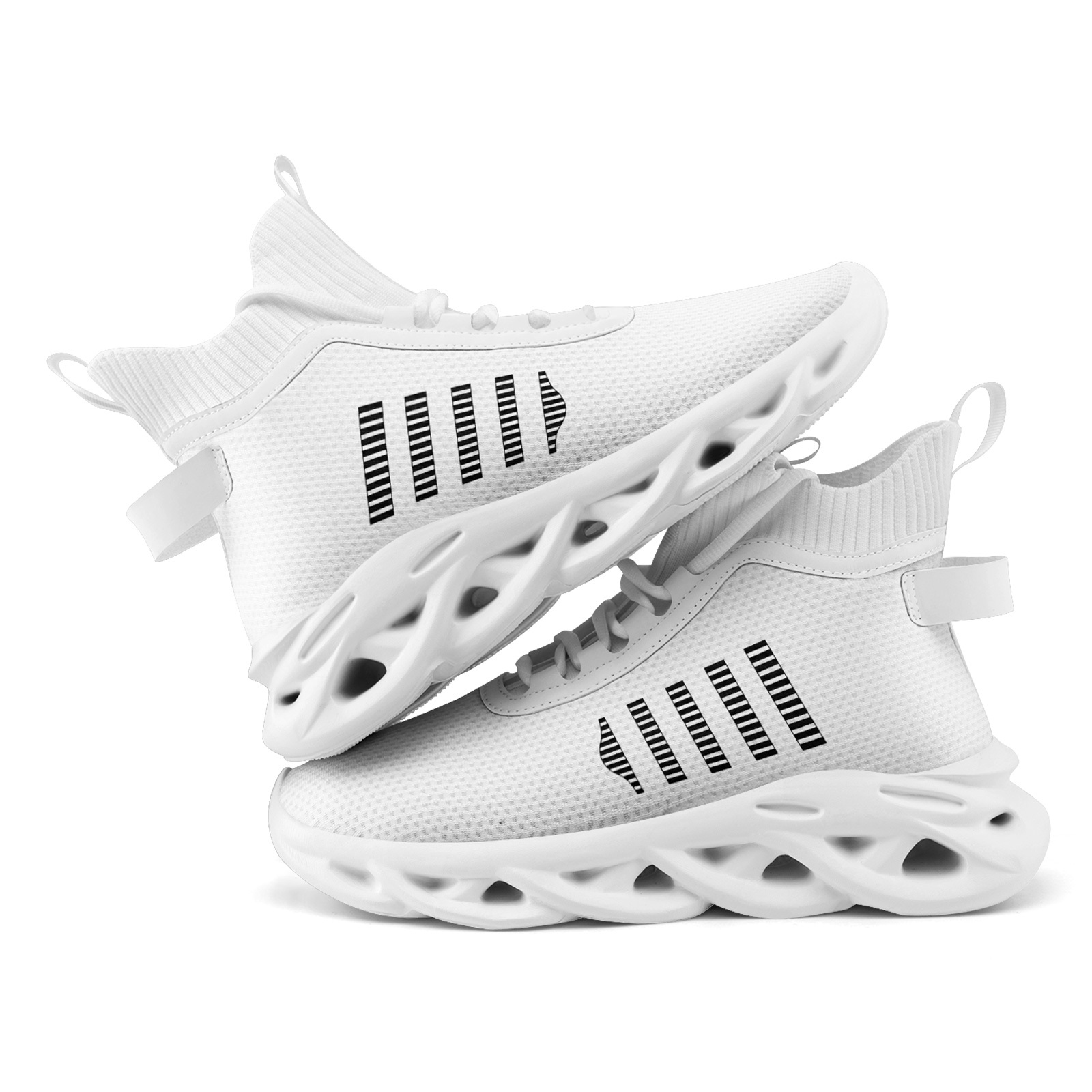 Men's White Black Graphic Stripe Sneakers, Lightweight & Breathable
