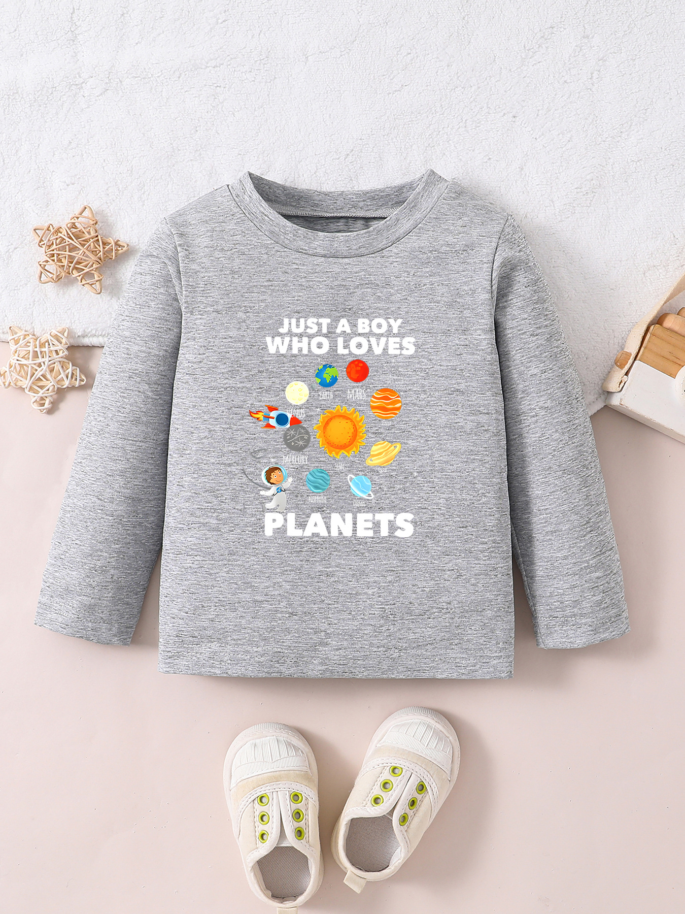 imagem do item 2025   tendência estampa planetária outono/inverno moda casual confortável camiseta de algodão       redonda para meninos ao ar livre