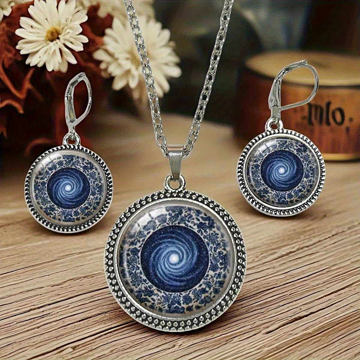 Image of 3pcs Set Of Retro Dark Blue Planet Pattern Jewelry, Minimalist Fashion Style Nebula Jewelry