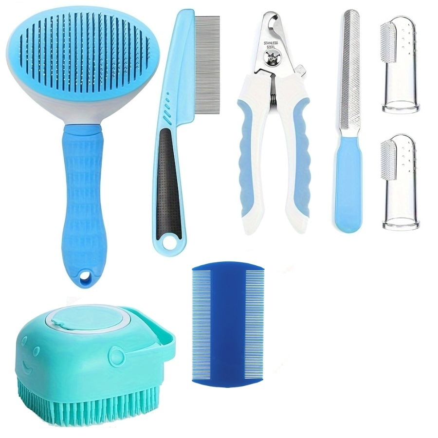 Image of 8pcs/set Cat And Dog Brush Grooming Set, Pet Self Cleaning Brush With Pet Nail Clipper And File Flea Dog Comb Pet Bath Brush Pet Toothbrush
