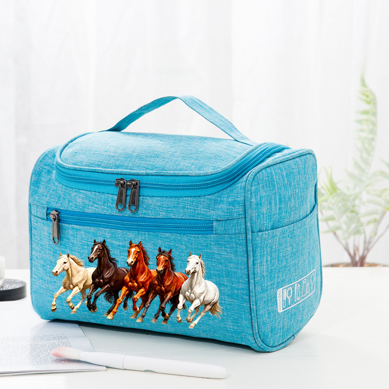 Image of 5 Horses Print Ins-style Toiletry Bag, Realistic Western Makeup Bag. A Must-have For Equestrian Enthusiasts, Western-style , Students, Workers, Business Travelers, , Moms, And Best