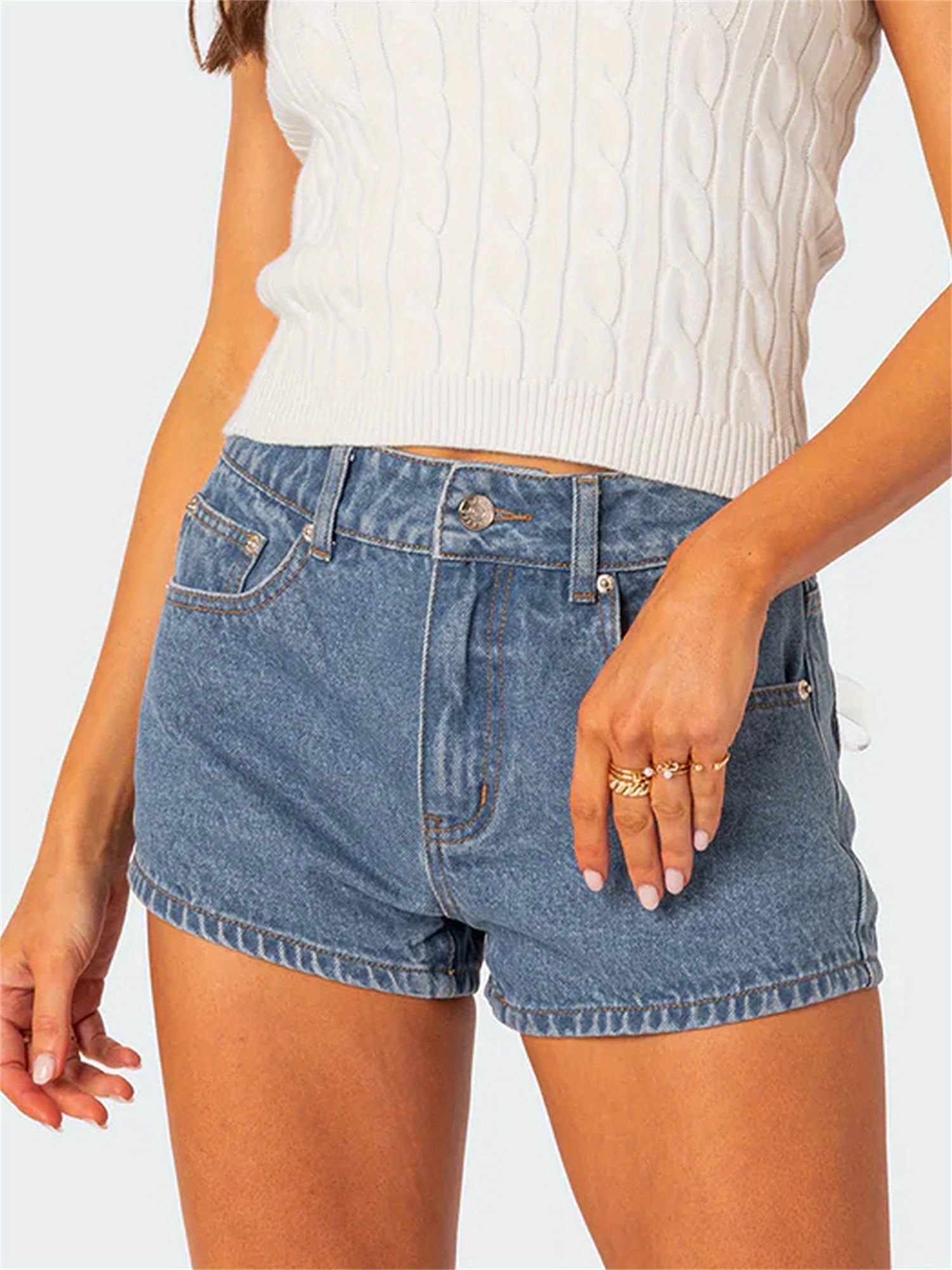 womens high waisted boxy denim shorts summer casual button Temu