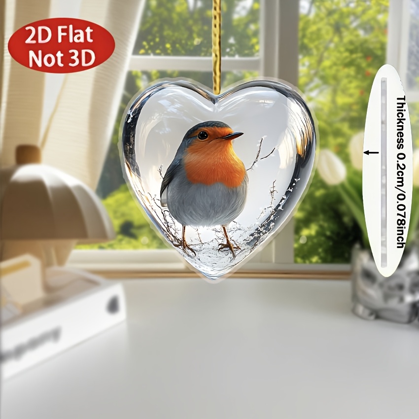 TEMU 2d Flat Heart Sun Catcher Ornament - With Bird, Acrylic Window Hanging Decor, For Home, Garden, Car Rearview Mirror - No Electricity Needed -