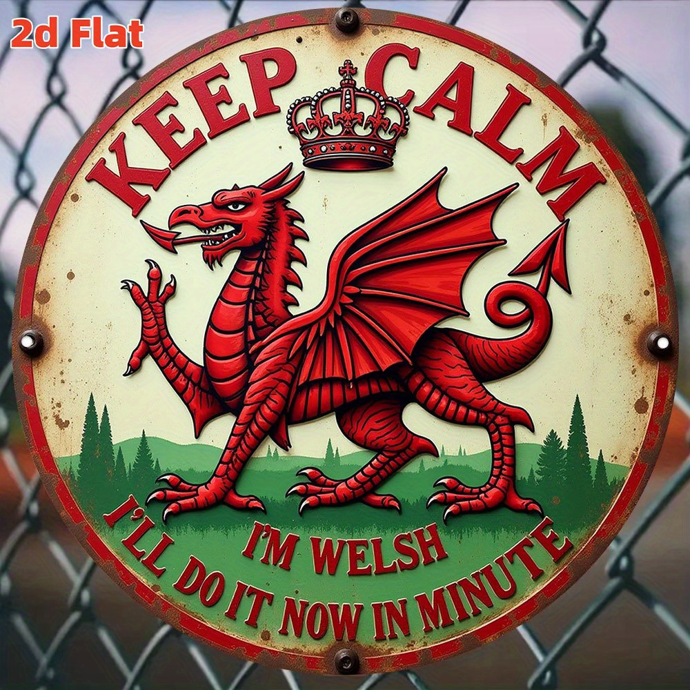 TEMU 2d Flat - 2d Plane - 2d Plane Metal Wall Decor, Depicting A Welsh Red Dragon Motif With ", I'm Welsh" Text - Vintage Welsh Flag Decor With Red ,