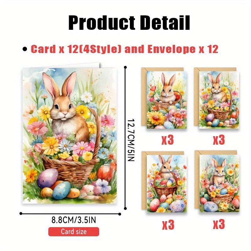 24pcs Easter Bunny Greeting Cards With Envelopes, Cards For Family, , Colleagues - Mixed Colors, Bulk Set