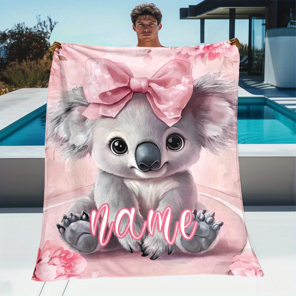 Personalized Pink Cute Koala Travel Blanket, Lightweight Flannel