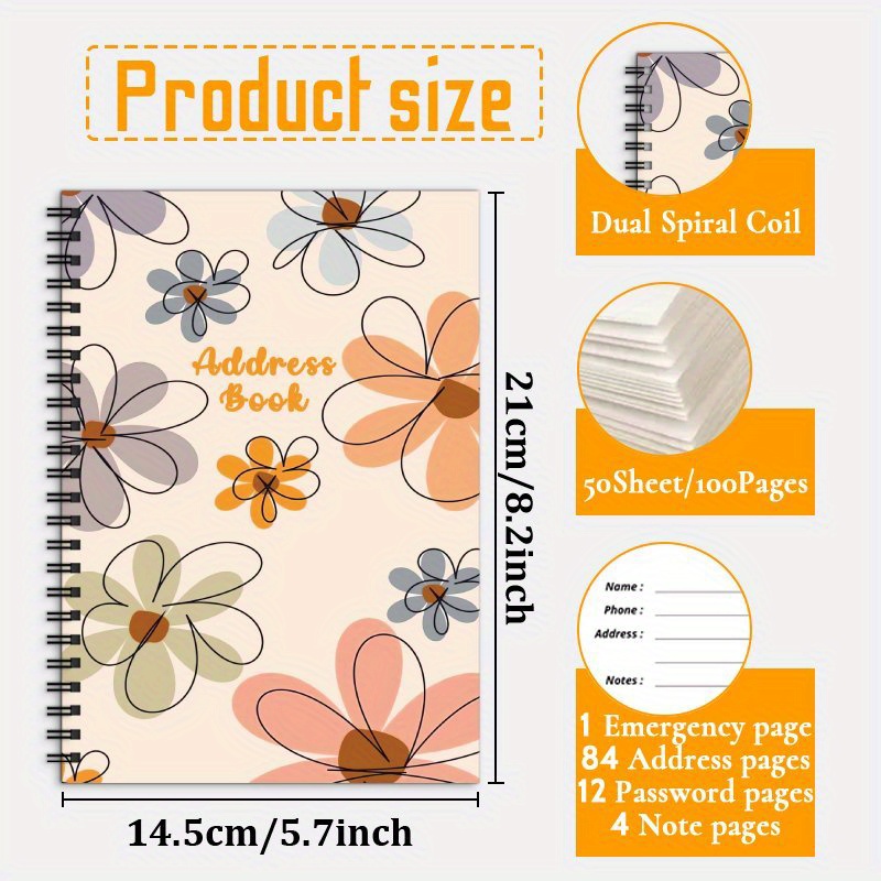 TEMU Notitieblok A5 Telefoonadres Notitieboek, Interessant Modern Bloemen Spiraal Logboek voor Contacten, met Telefoonnummers, Adressen & Wachtwoord.