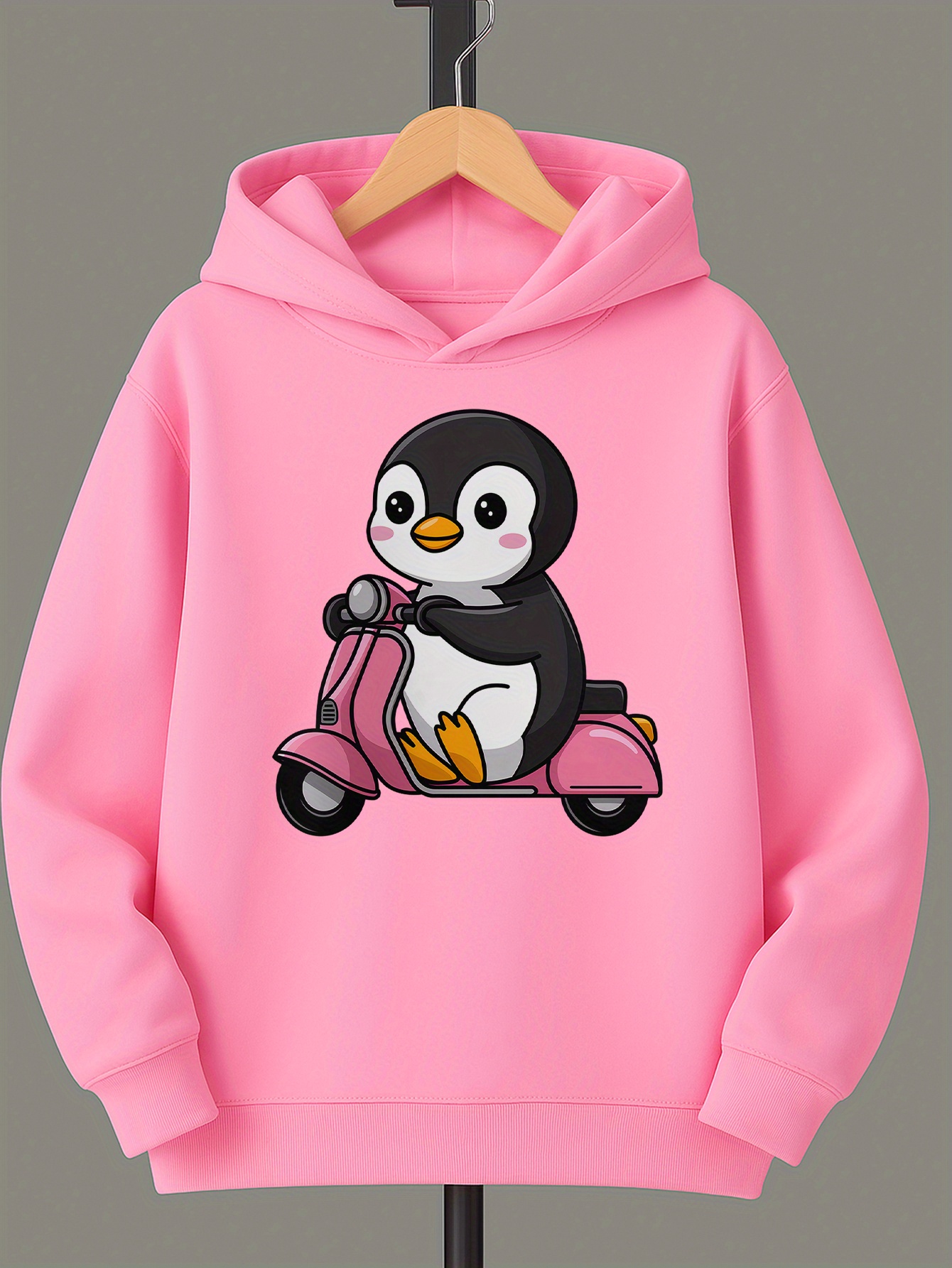 kids' cute penguin scooter hoodie cozy fleece lined pullover