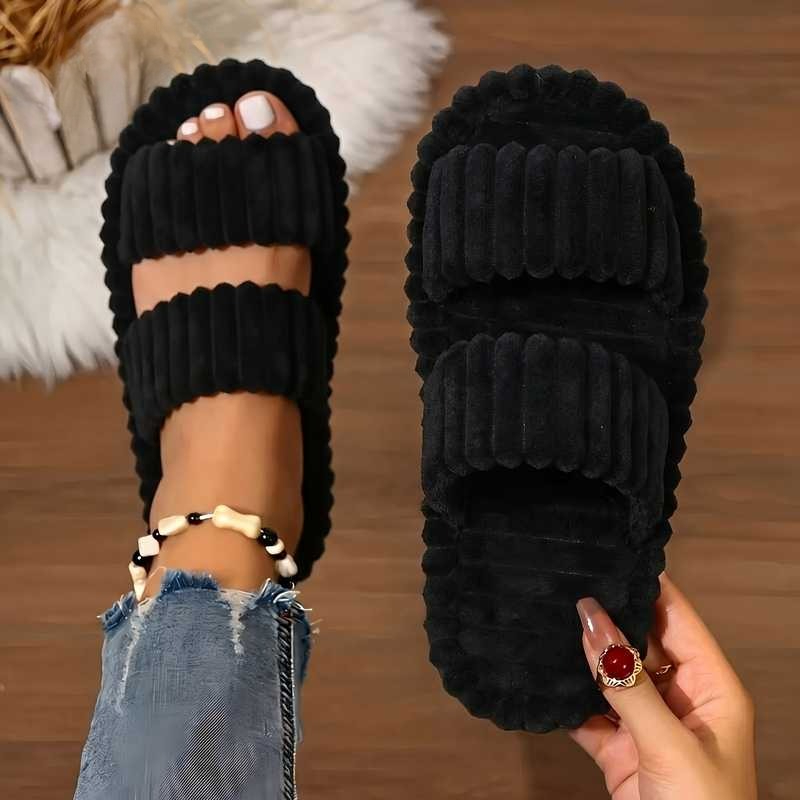 TEMU Pantoufles à rayures en peluche pour femmes, chaussures d'intérieur douces et chaudes, tissu supérieur , chaussures décontractées confortables ,