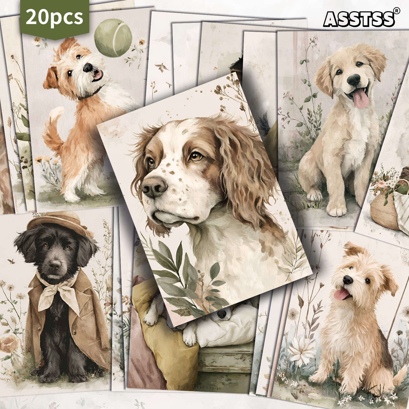 TEMU 20-pack Asstss Watercolor Cute Puppy Postcards - 4x6 Inches Retro Junk Journal Supplies, Classic Pinup Illustrations Collectible Decorative