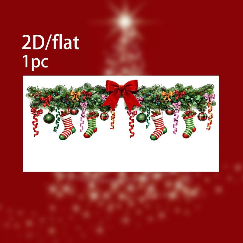 TEMU 1pc, New 2d Flat Static Window Cling, Christmas Red And Green Color Pine Branch Bow Socks Ball Decoration Sticker, Festive Glass , Suitable For