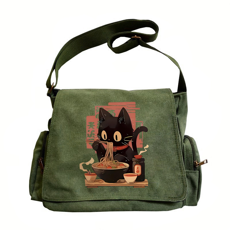 E-shop Eine Schultertasche mit großem Fassungsvermögen im Anime-Stil mit Tier- und Katzenmotiven, Ramen-Mustern, eine Vintage-Flap-Tote