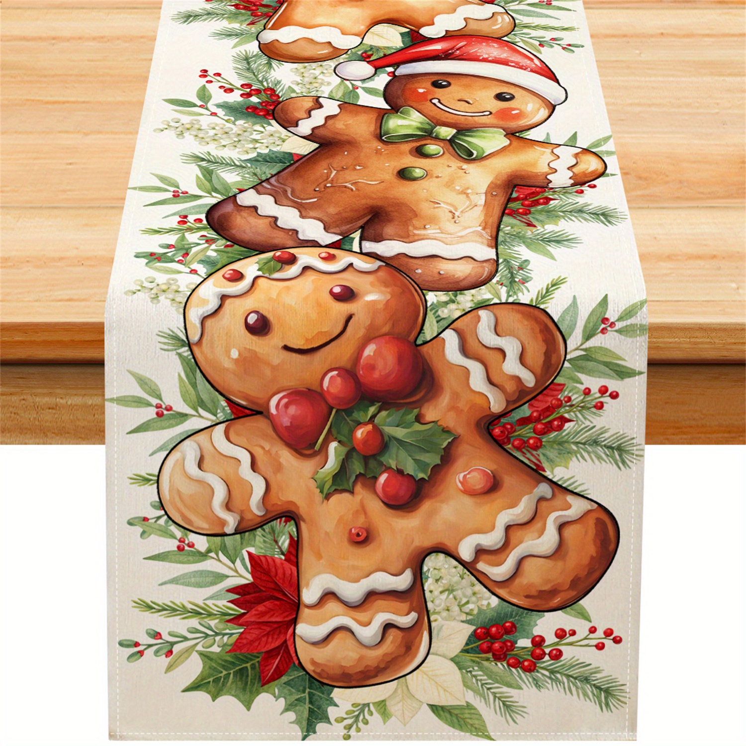 TEMU 1pz Runner da Tavolo Natalizio con Foglie di , e Ramo di Pino - Decorazione per Cucina o Sala da Invernale, Tessuto in Poliestere, Idee Regalo