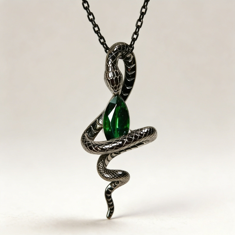 TEMU 1 Retro Snake Shaped Men's Pendant Necklace, Set With Cubic Synthetic Synthetic Cubic Zirconiaia Black Metal Chain Jewelry, Suitable For Parties