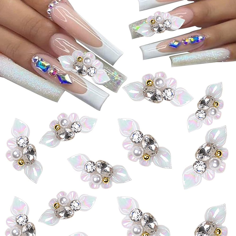 20pcs 3d flower nail charms set with pearls and rhinestones elegant nail art additions for women and