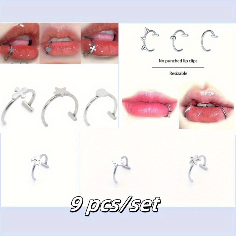 

9- Steel Piercing Lip Earring Set - For Parties, , And Dates - Women's
