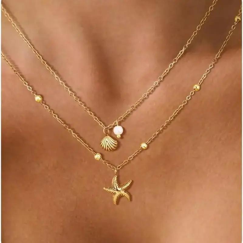 E-shop Mehrschichtige Muschel- Seestern-Halskette für Damen – Goldenes Edelstahl-Design, vom Meer inspiriertes Hochzeitsgeschenk, ganzjährig