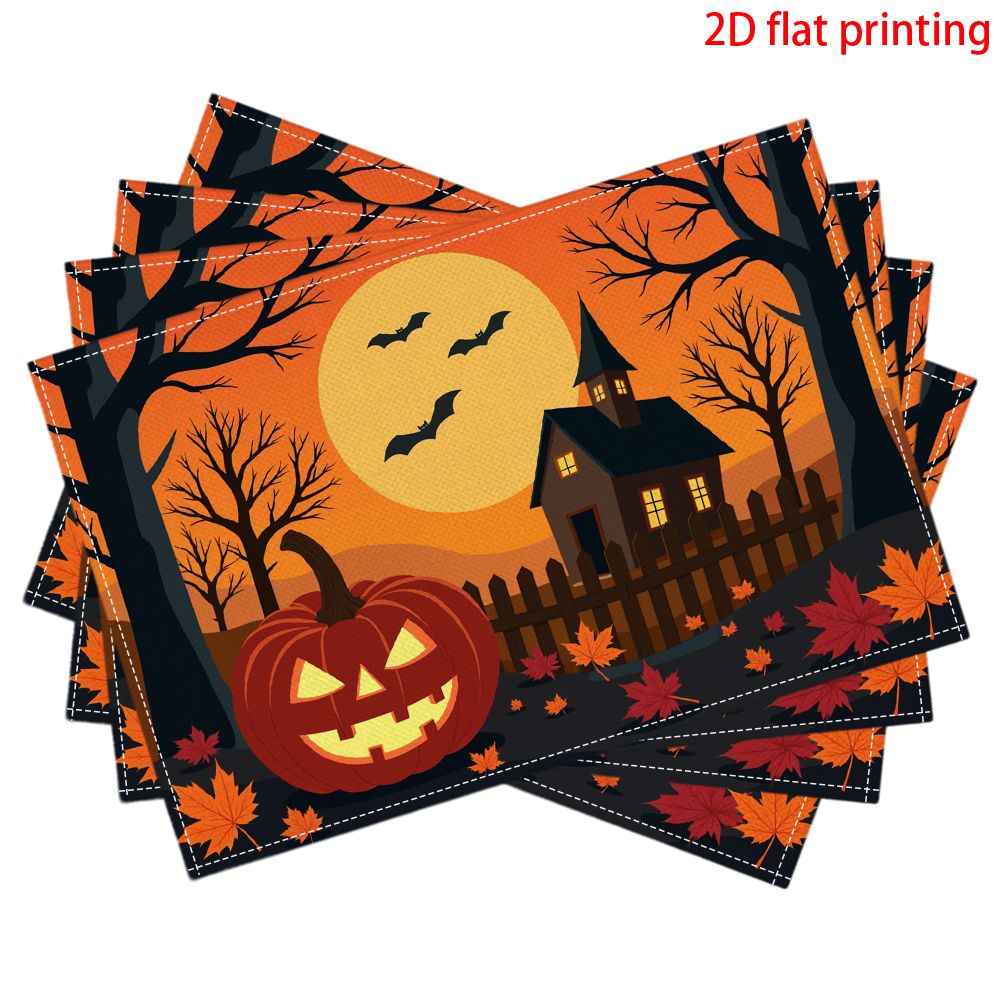 TEMU 2d Flat Printing Halloween Placemat 4pcs Rectangular Placemat Non-real Embroidery Halloween Bats Moon Heat-resistant And Easy To Clean 12 Inches