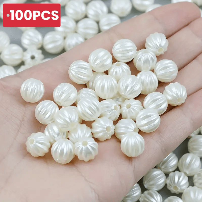TEMU A Pack Of 100 8mm White Vertical Striped Pumpkin Beads - Acrylic Round Loose Beads, Suitable For Jewelry Making, Bracelets, Necklaces, Earrings,