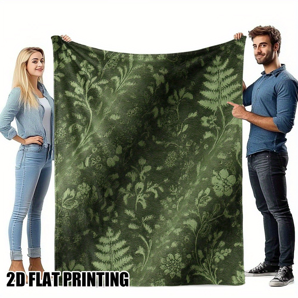 Image of Olive Green Vintage Fern Print Throw Blanket | Soft, Durable With Fern And Vine Pattern, Deep Olive Green For Sofa, Bed, Living Room- Machine Washable Cover, 2d Flat Printing, 2d Flat