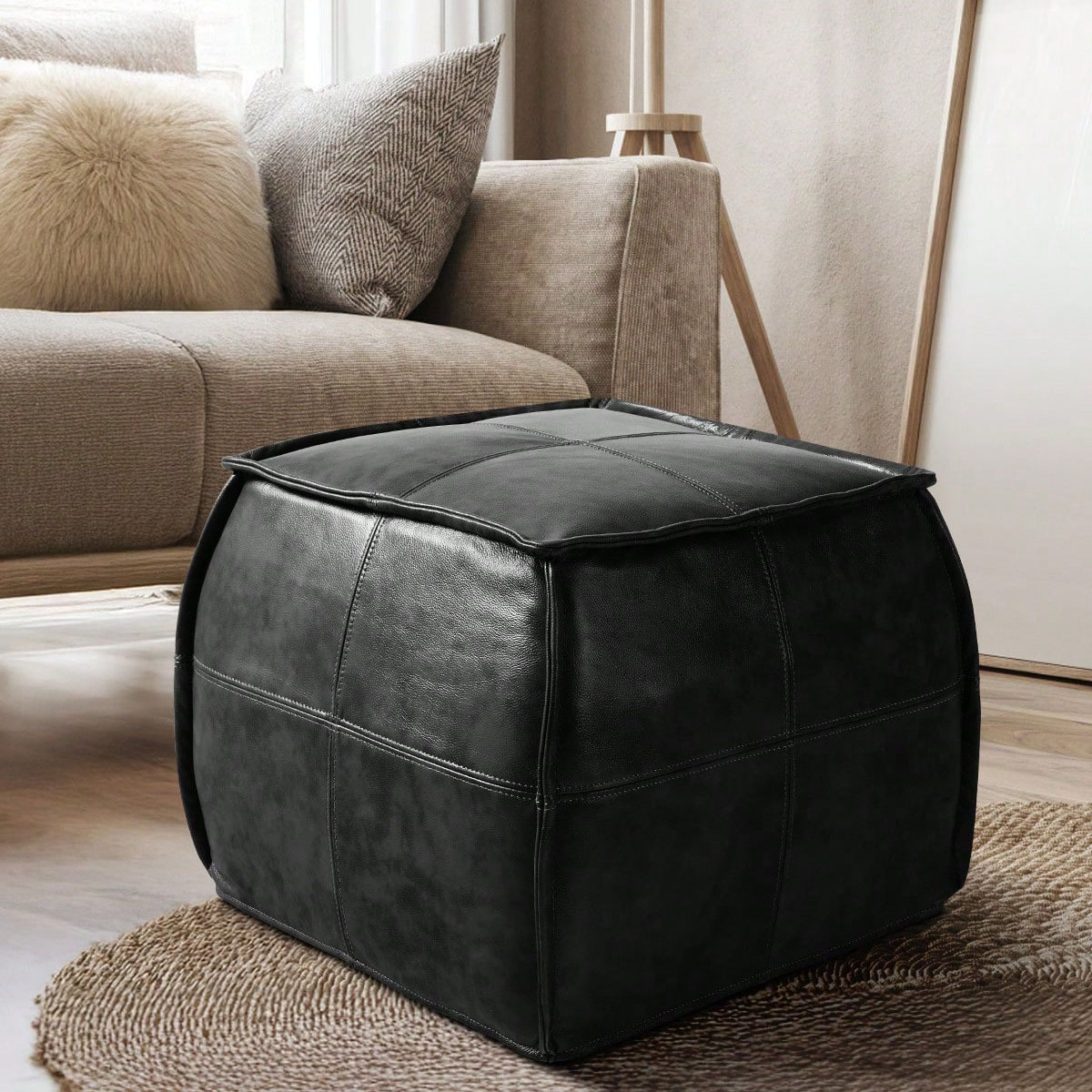 Leather Ottoman, Handmade Stuffed Square Ottoman, Genuine Leather Pouf, Foot Rest Pouf, Comfortable Soft Seating for Living Room& Bedroom(Brown, Black, Grey, Square)